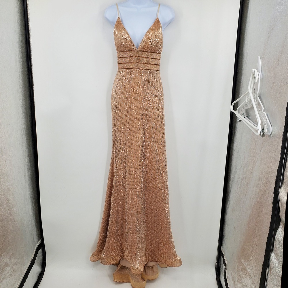 Jovani Rose Gold Sequin V-Neck Formal Gown Rhinestone Waistband 0 Prom Gala Glam
